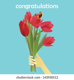 Editable vector congratulation card with red tulips and beautiful butterfly. Tulips vector. Red flowers on blue background. Red vector flowers.