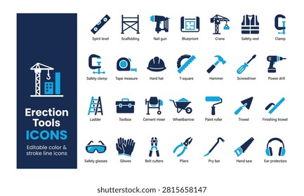 Editable, vector, construction, and, erection, tools, icons, set, featuring, heavy, machinery, building, equipment, hand, hardware, safety, gear, blueprints, and, scaffolding.