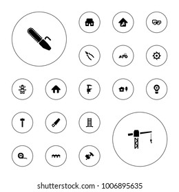 Editable vector construction icons: ladder, saw, construction crane, pliers, hummer, pylon, house and tree, garden hammer, home, house building on white background.