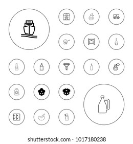 Editable vector container icons: luggage storage, perfume, spray paint, filter, question box, cargo wagon, cargo ship, milk can, spray bottle, cream tube on white background.