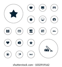 Editable vector contemporary icons: star, browser window, office desk, camera, display, table box, coffee machine, car, sun, vacuum cleaner, heart on white background.
