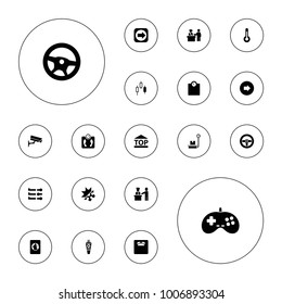 Editable vector control icons: pass control, arrow right, wheel, floor scale, floor scales, top of cargo box, slider, temperature, cold and hote mode on white background.