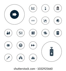 Editable vector control icons: pass control, arrow right, tonometer, blinds, cold and hote mode, passport, joystick, eye scan, airport officer, adjust on white background.
