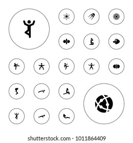 Editable vector core icons: atom, man doing exercises, abdoninal workout, atom fusion on white background.