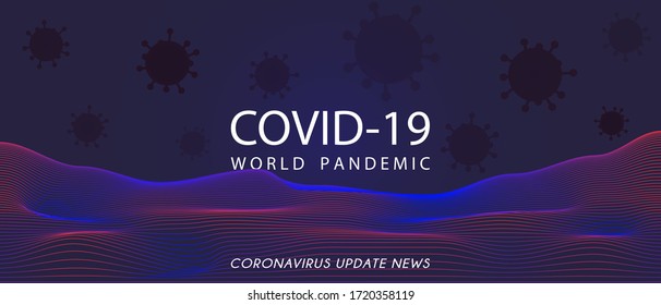 Vector editable para Coronavirus Update News Background y texto COVID-19 World Pandemia sobre la forma del virus azul y la línea de onda abstracta roja. Utilícelo como imagen del titular de un banner o artículo.