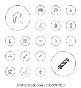 Editable vector cosmetic icons: cream tube, nail polish, tweezers, hair curler, lipstick, lips, make up bag, mascara, hairstyle, eyeshadow palette on white background.