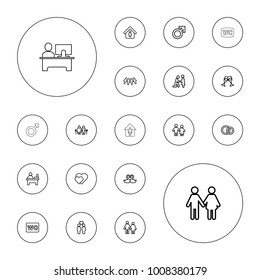 Editable vector couple icons: male, wc, man in home, table, family, couple, marriage proposal, hearts, children, swan heart, clink glasses on white background.