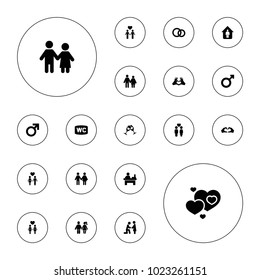 Editable vector couple icons: male, table, family, couple, marriage proposal, heart tag, engagement rings, wc, man in home, hearts on white background.