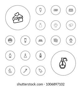Editable vector cream icons: cookies, cream tube, spa bag, toothbrush, cake, donut, milkshake, soap, milk, cake slice on white background.