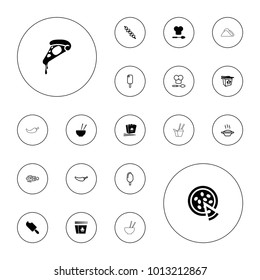 Editable vector cuisine icons: pizza, chinese fast food, chef hat and spoon, soup, ice cream, pepper, kebab, asian food on white background.