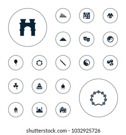 Editable vector culture icons: mosque, chichen itza, arch, temple, baloon, spa building, yin yang, tambourine, sushi, kimono, coliseum, clover, mask on white background.