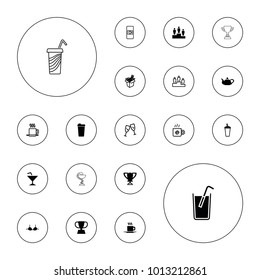 Editable vector cup icons: bra, cup, trophy, ranking, vending machine, glasses clink, drink, noodles fast food, coffee, teapot, cocktail, soda on white background.