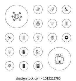 Editable vector cure icons: pill, medicine bottle, medical group, medical pills, virus and pills on white background.