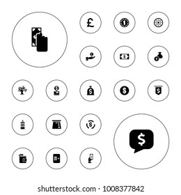 Editable vector currency icons: coin, casino chip, payment, money, cash payment, hand on coin, money tree, credit card in atm, atm, 1 casino chip, wallet on white background.