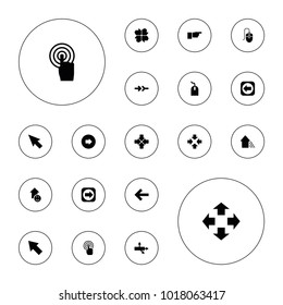 Editable vector cursor icons: arrow right, mouse, pointer, move, arrow, hands, touchscreen, back on white background.