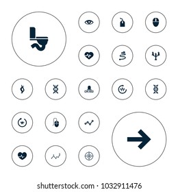 Editable vector curve icons: mouse, heartbeat, graph, dna, forward, candlestick, smoke, curved arrow, toilet, eye on white background.