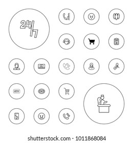 Editable vector customer icons: shopping cart, credit card, call, new, angry emot, group, phone call, cargo tag, customer support, operator, clipboard on white background.