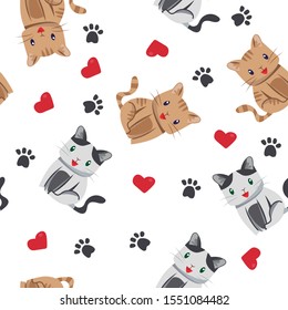 Editable vector. Cute kitten pattern with heart shapes and footsteps. Fun design pattern.