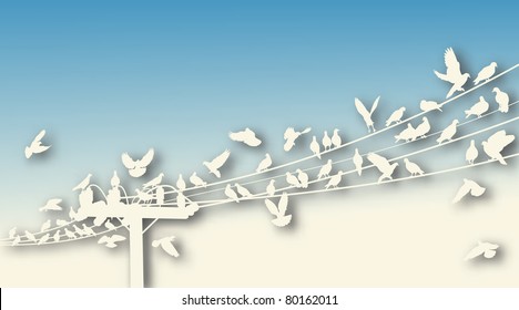 Editable vector cutout of birds roosting on telegraph wires with background made using a gradient mesh