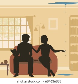 Editable vector cutout illustration of a couple at home discovering a leak through their ceiling 
