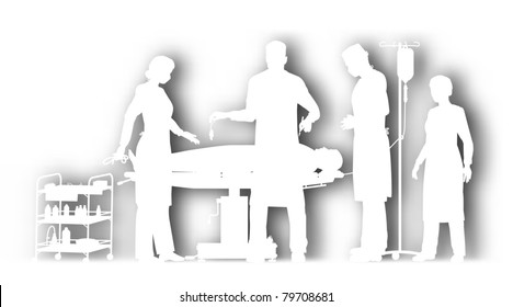 Editable vector cutout illustration of surgery in an operating theater with background shadow made using a gradient mesh