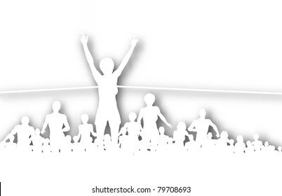 Editable vector cutout illustration of a woman winning a race with background shadow made using a gradient mesh
