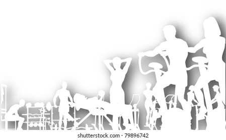 Editable Vector Cutout Of People Exercising In A Gym With Background Shadow Made Using A Gradient Mesh