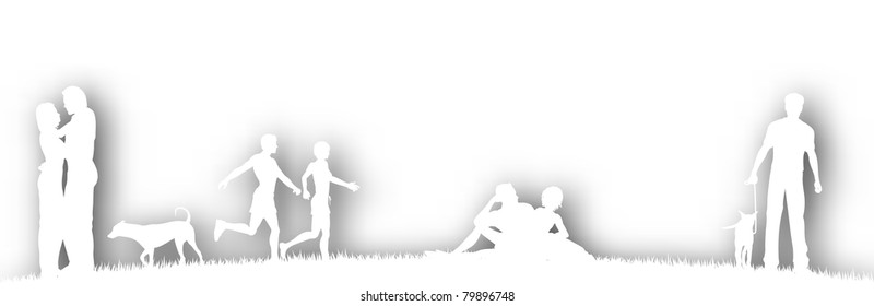 Editable vector cutout of people in a parks with background shadow made using a gradient mesh