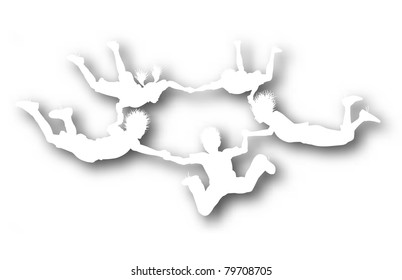 Editable vector cutout silhouettes of children falling as if skydiving with background shadow made using a gradient mesh