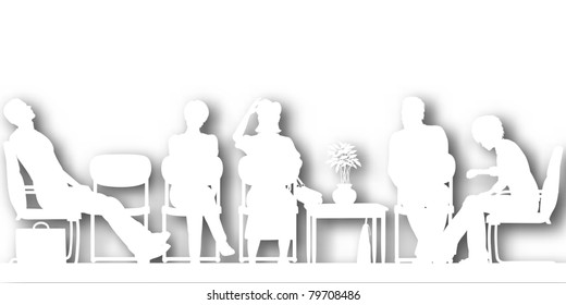 Editable vector cutout silhouettes of people sitting in a waiting room with background shadow made using a gradient mesh
