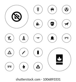 Editable vector danger icons: cone barrier, siren, helmet, barrier, radiation, warning, traffic light, fire protection, no fast food, dynamite, bullet on white background.