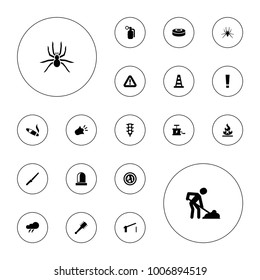 Editable vector danger icons: cone barrier, thunder, spider, digging man, microorganism, traffic light, exclamation point, barrier, siren, dynamite on white background.