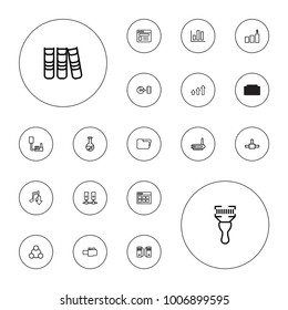 Editable vector data icons: browser window, eating mouth, chart, folder, test tube, bar code scanner, browser, disc, network connection, server, router on white background.