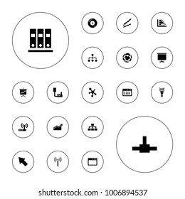 Editable vector data icons: signal tower, graph, structure, disc on fire, network connection, browser window, phone connection cable, board, chart, router on white background.