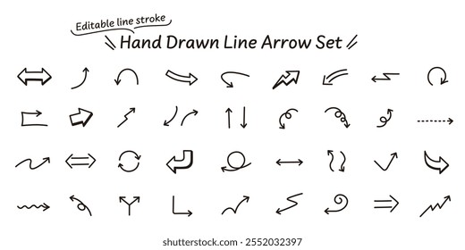 Editable vector data. Monochrome line icon set of hand-drawn arrows