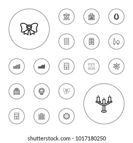Editable vector decor icons: brick wall, wardrobe, stage, gate, bow, nightstand, cupboard, fireworks, garland, fireplace, tree, candlestick on white background.