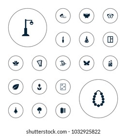 Editable vector decorative icons: butterfly, leaf, lipstick, window, flower, tree, street lamp, candle heart, harp, spu, party hat, garland on white background.