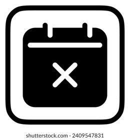 Icono de evento de eliminación de calendario de vector modificable. Negro, estilo de línea, fondo blanco transparente. Parte de una familia de iconos grandes. Perfecto para interfaces web y de aplicaciones, presentaciones, infografías, etc