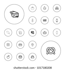 Editable vector delicious icons: cake, pretzel, pizza, milkshake, pie, piece of cake, apple, muffin, sausage, strawberry, ice cream on white background.