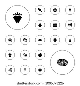 Editable vector delicious icons: crab, piece of cake, ice cream, ketchup, milkshake, pizza, croissant, pie, pasta and wine glass, strawberry, raspberry on white background.
