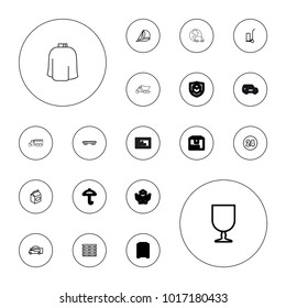 Editable vector delivery icons: cart cargo, sailboat, van, take away food, cargo box, 24 hours, parcel, hairdresser peignoir, truck on white background.