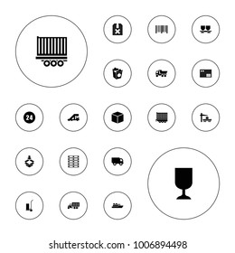 Editable vector delivery icons: truck crane, truck, cart cargo, box, take away food, cargo wagon, bar code, 24 hours, parcel, ship on white background.