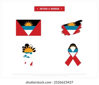 Projeto vetorial editável da Bandeira de Antígua e Barbuda, bandeira estilo Pincel de Antígua e Barbuda, bandeira Fita, e Mapa de Antígua e Barbuda com bandeira em fundo branco