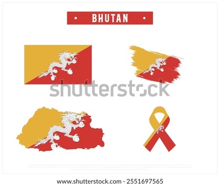 Editable vector design of the Flag of BHUTAN, Brush style flag of BHUTAN, Ribbon flag of BHUTAN, and Map of BHUTAN with flag in it on a white background, National day