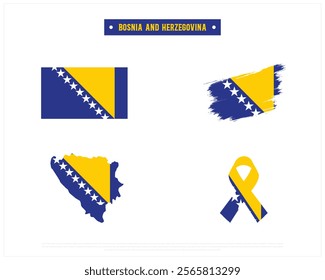 Editable vector design of the Flag of BOSNIA AND HERZEGOVINA, Brush style flag of BOSNIA AND HERZEGOVINA, Ribbon flag, and Map of BOSNIA AND HERZEGOVINA with flag in it on a white Background