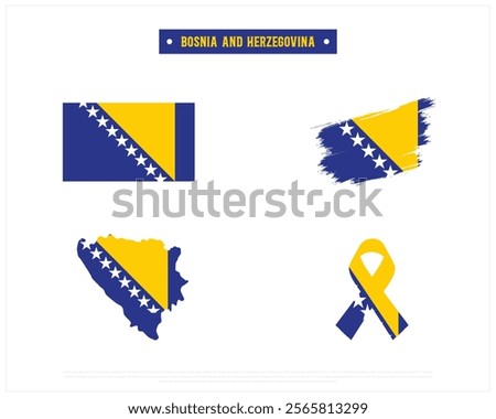 Editable vector design of the Flag of BOSNIA AND HERZEGOVINA, Brush style flag of BOSNIA AND HERZEGOVINA, Ribbon flag, and Map of BOSNIA AND HERZEGOVINA with flag in it on a white Background