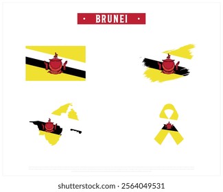 Editable vector design of the Flag of BRUNEI, Brush style flag of BRUNEI, Ribbon flag of BRUNEI, and Map of BRUNEI with flag in it on a white background, Independence Day