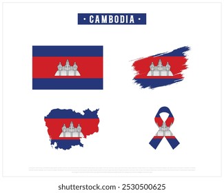 Editable vector design of the Flag of Cambodia, Brush style flag of Cambodia, Ribbon flag of Cambodia, and Map of Cambodia with flag in it on a white background, National day