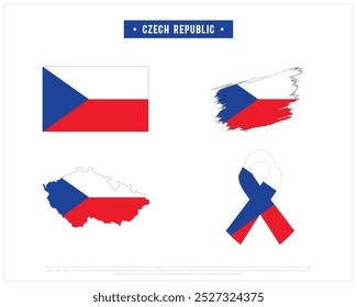 Editable vector design of the Flag of Czech Republic, Brush style flag of Czech Republic, Ribbon flag of Czech Republic, and Map of Czech Republic with flag in it on a white background, National day