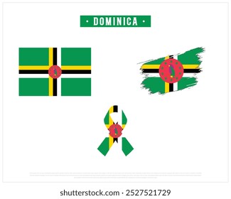 Editable vector design of the Flag of Dominica, Brush style flag of Dominica, Ribbon flag of Dominica, and Map of Dominica with flag in it on a white background, National day